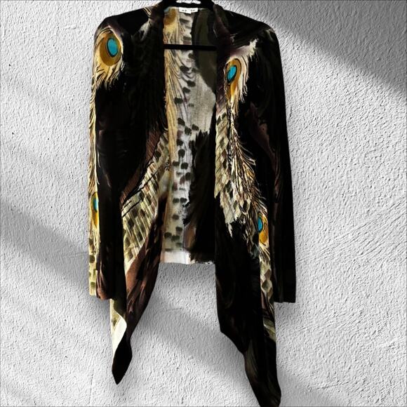 Adore Open Front Waterfall Cardigan L Peacock Feathers Artsy Dynamic Drapey - Picture 1 of 12